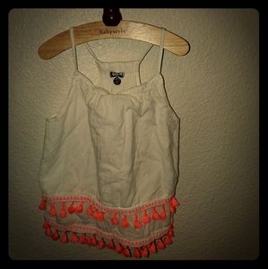 5/25 Poof Girl white strap tank with tassels